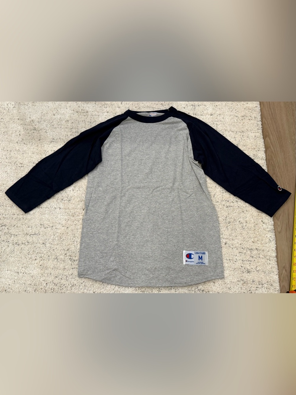 Champion Authentic Men’s Medium Raglan Baseball Shirt Gray Navy 3/4 Sleeve